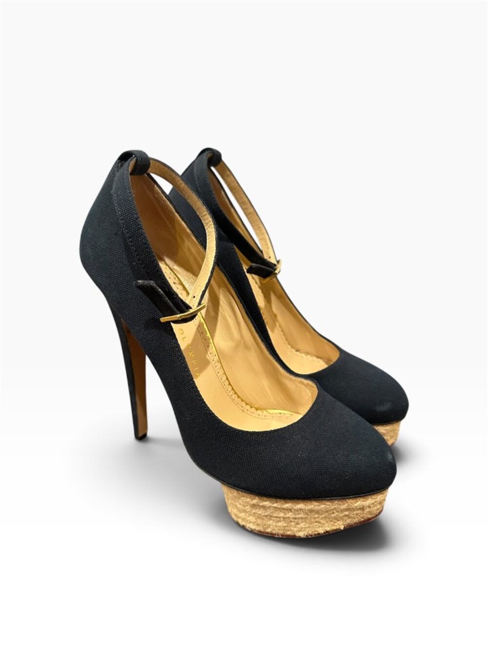 Charlotte Olympia Women's Dolly Black Gold Canvas High Heel Pump Shoes Size 8.5